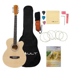 VAULT EA20 Basswood Guitar Kit With Learn To Play E-Book, Bag, Strings, Straps, Picks, String Winder & Polishing Cloth - 40 Inch Cutaway Acoustic Guitar - Natural